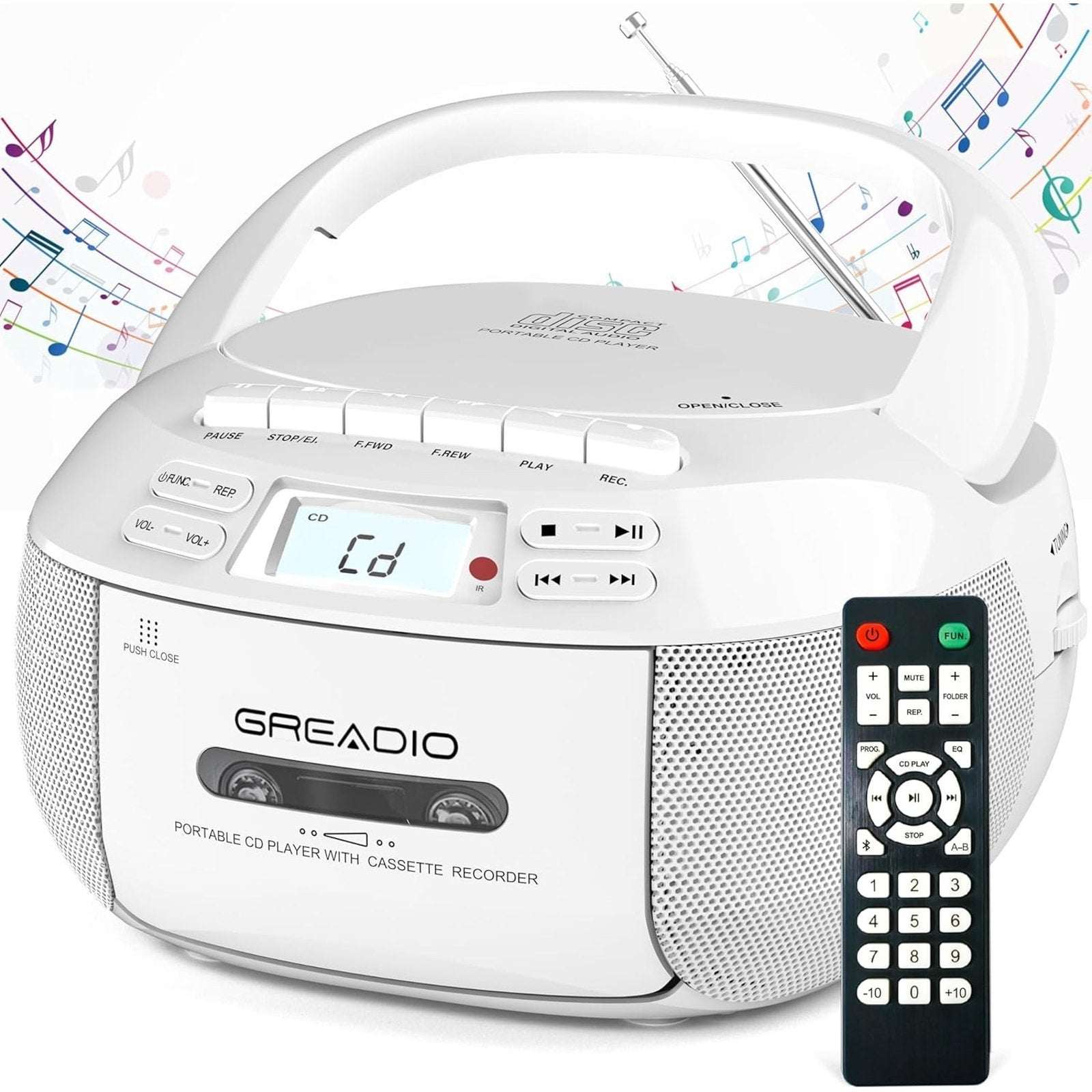 Greadio CD Player Boombox Cassette Player Combo Bluetooth, AM/FM Radio, Remote,