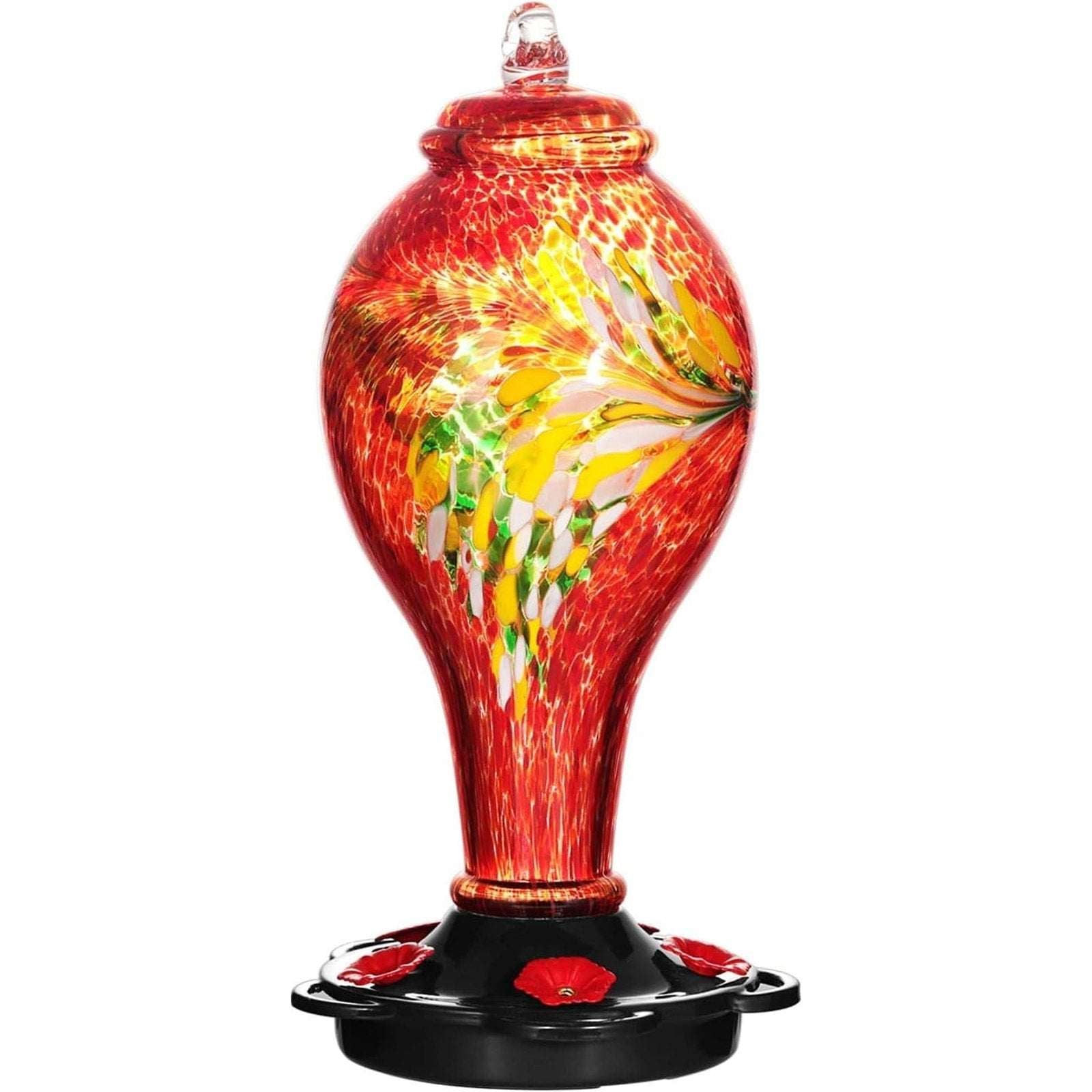 36OZ Hand Blown Glass Hanging Hummingbird Feeder with 5 Flower Feeding Stations