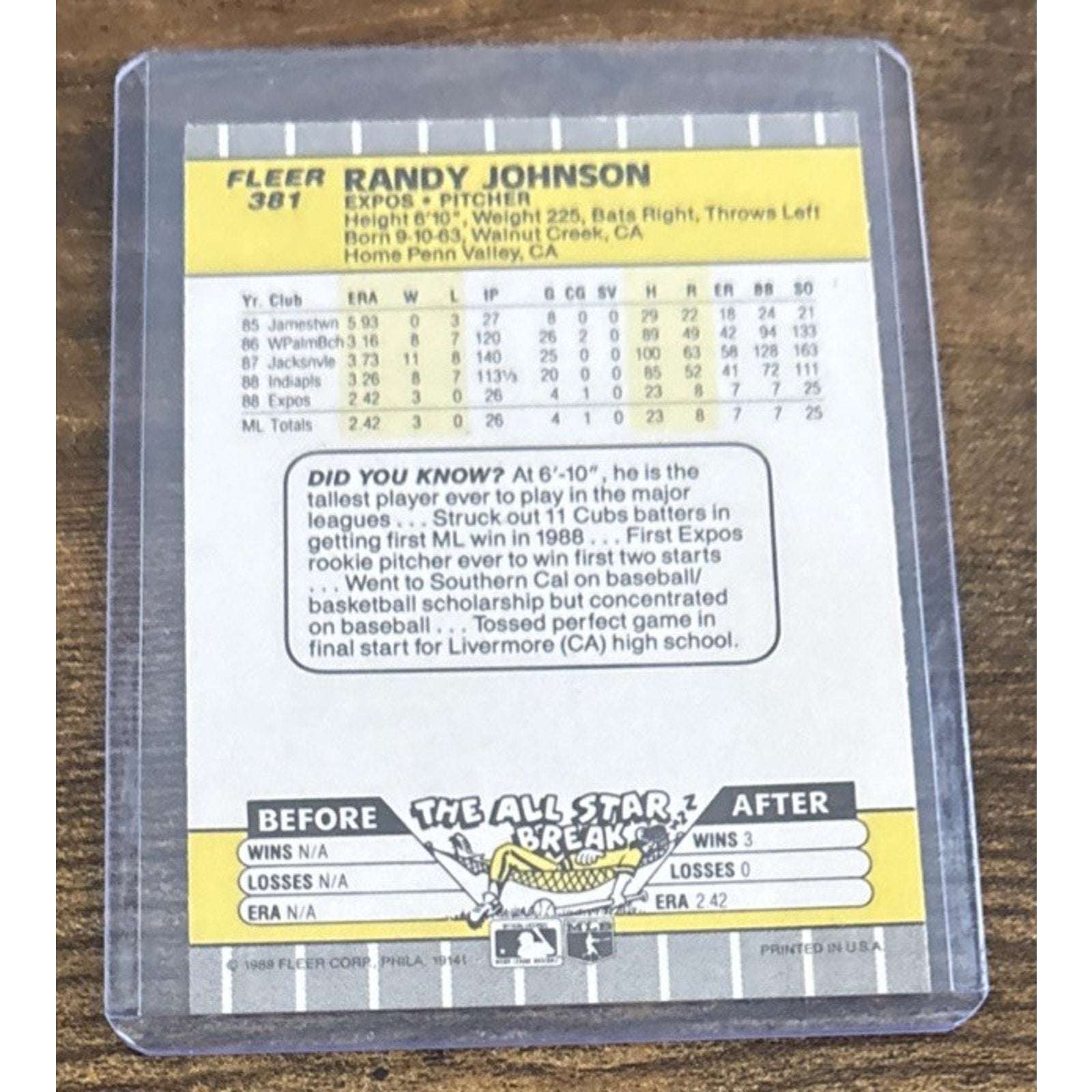 1989 FLEER #381 Randy Johnson Expos - RC - Error Marlboro Ad Blacked Out -PtoS