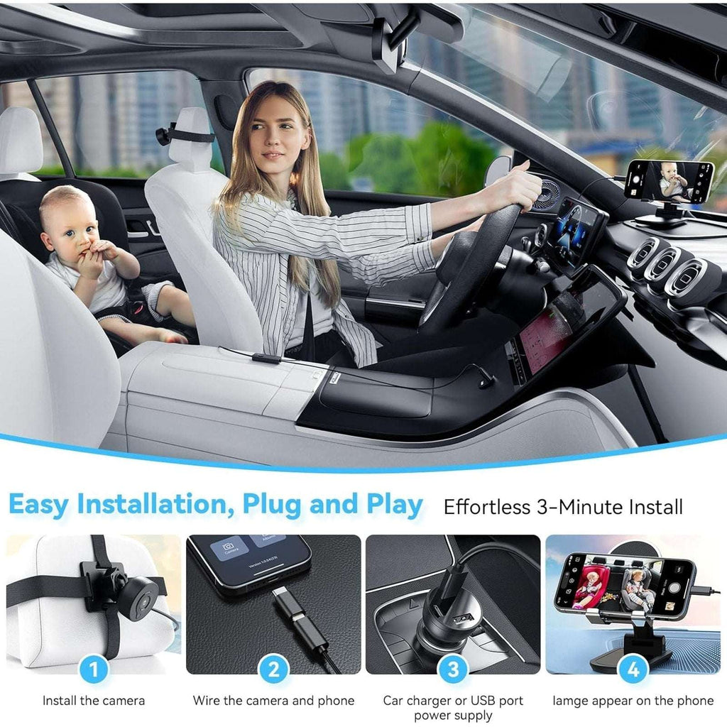 Baby Car Backseat Camera 360° Rotation HD 1080P Night Vision 150° Wide Angle