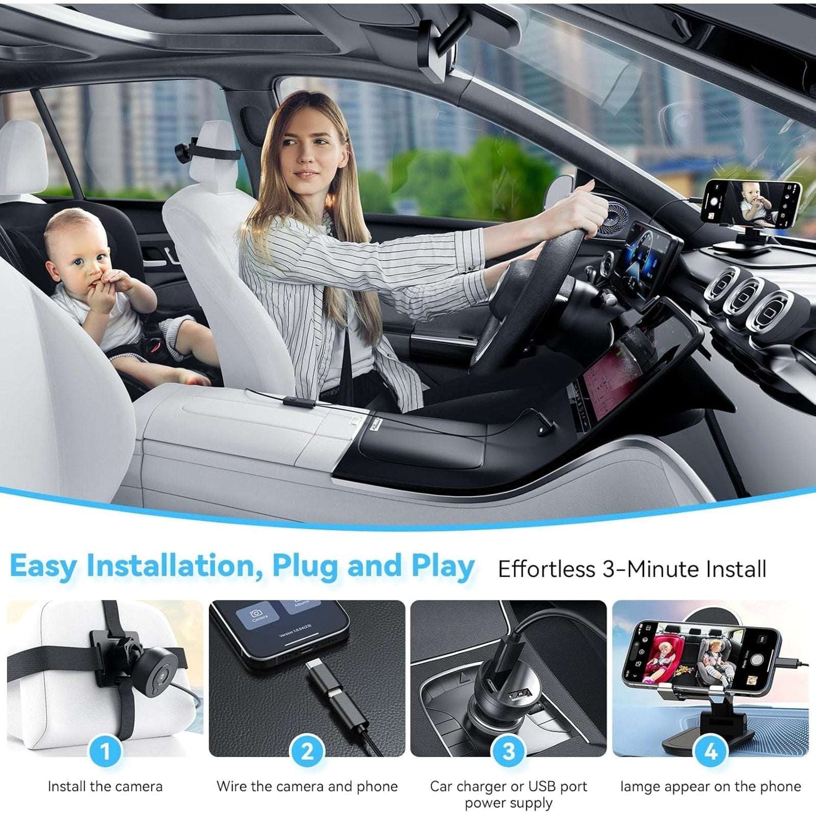 Baby Car Backseat Camera 360° Rotation HD 1080P Night Vision 150° Wide Angle