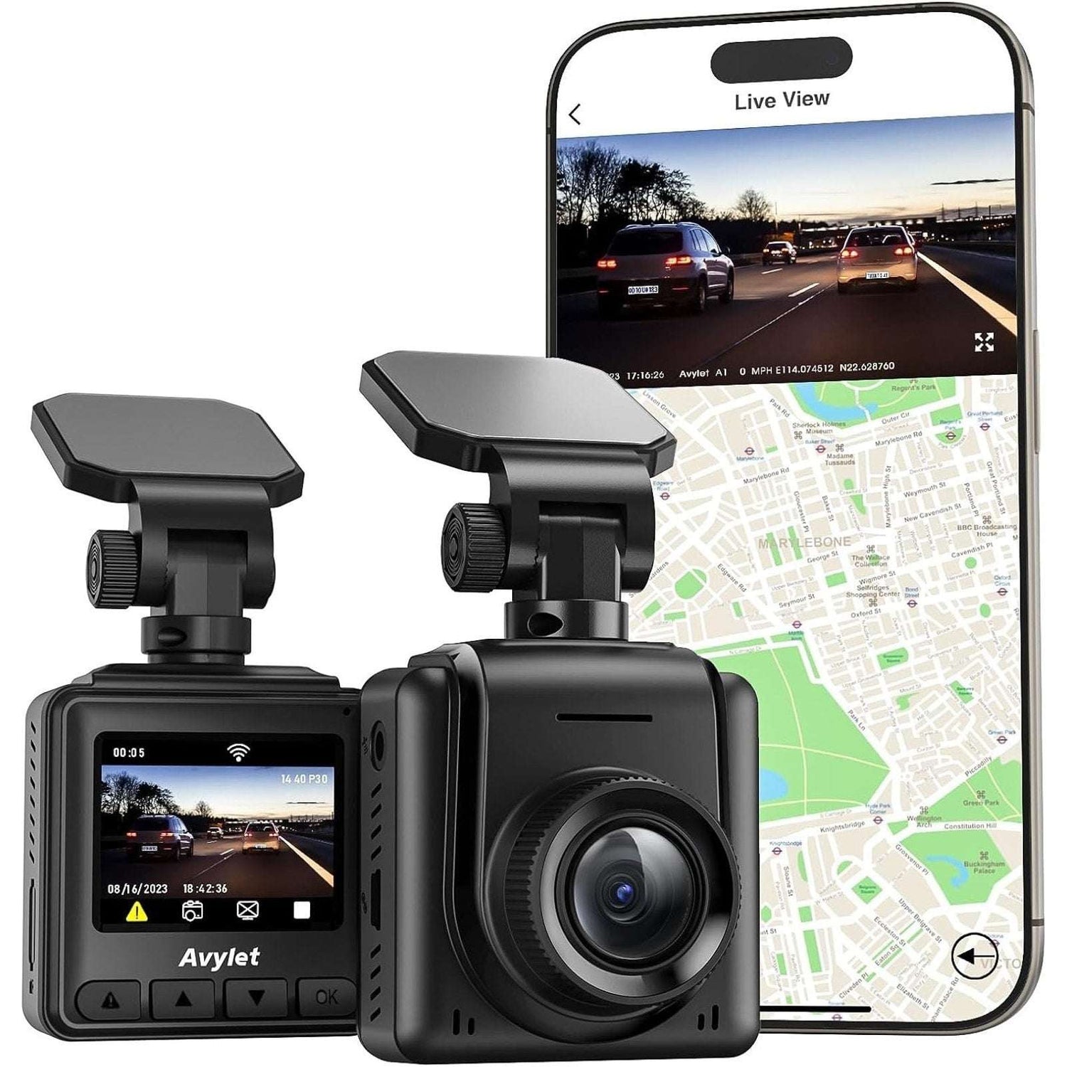 Avylet A1 Dash Cam WiFi 2K w/ APP, External GPS, WDR Night Vision, Loop Record +