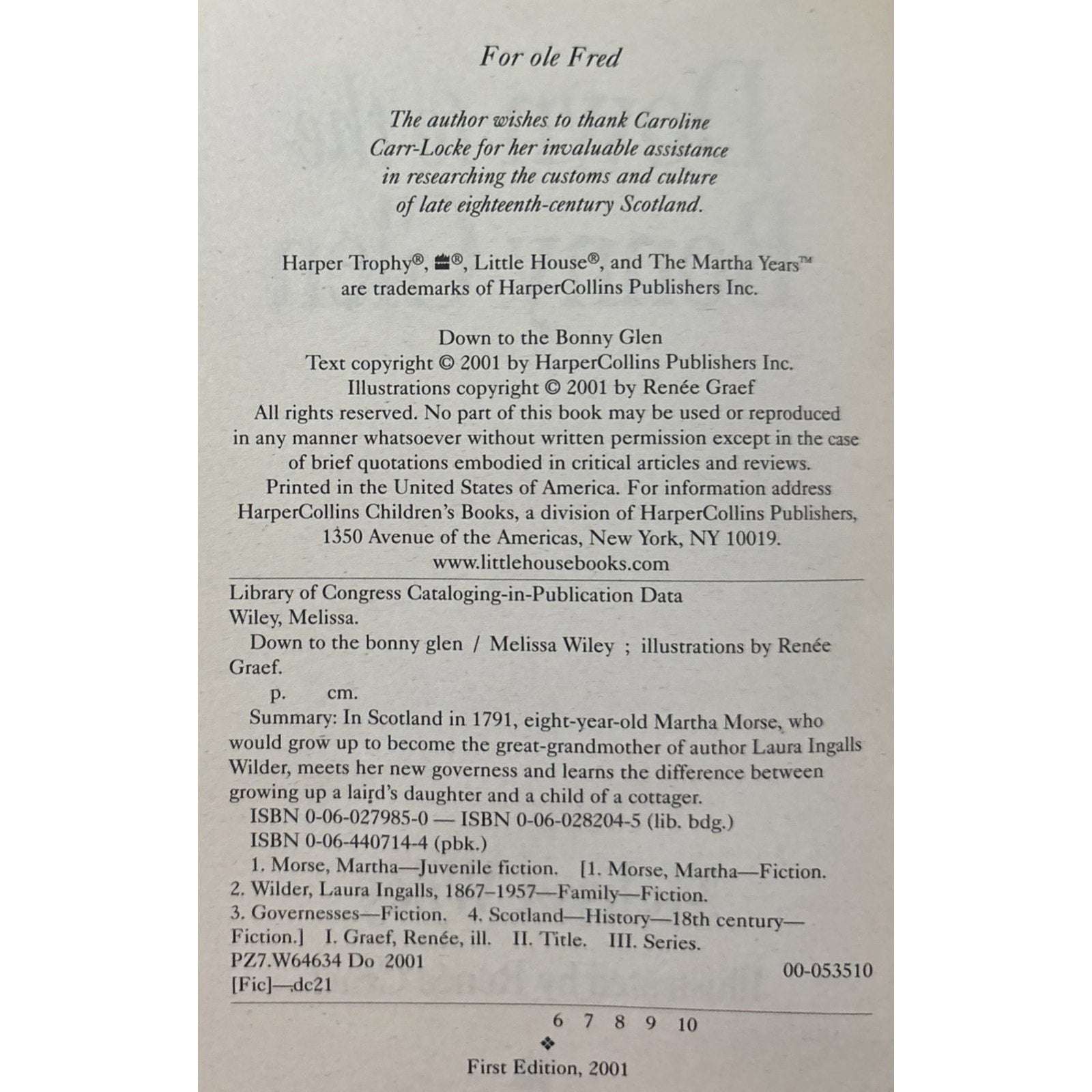 Down to the Bonny Glen (The Martha Years, Little House) by Melissa Wiley TPB VGC