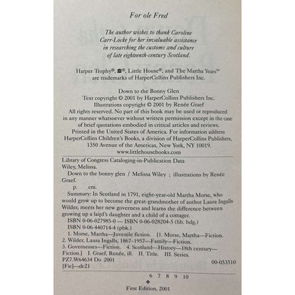 Down to the Bonny Glen (The Martha Years, Little House) by Melissa Wiley TPB VGC