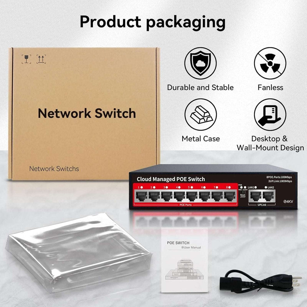 STEAMEMO 10-Port Cloud Managed PoE+ Switch 8 PoE+ Ports @120W & 2 Uplink Ports