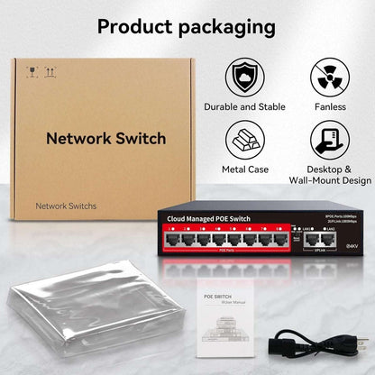 STEAMEMO 10-Port Cloud Managed PoE+ Switch 8 PoE+ Ports @120W & 2 Uplink Ports