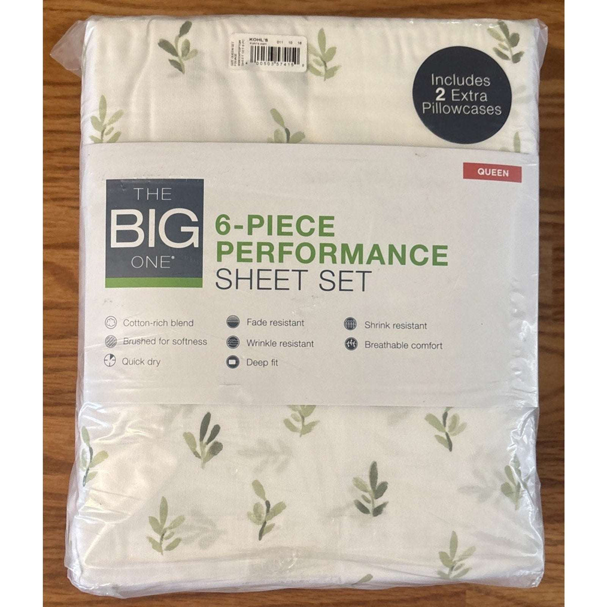 The Big One Queen Sheet Set 6PC Deep Fit Brushed Cotton Foliage White & Green