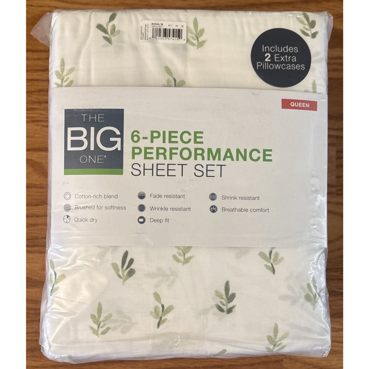 The Big One Queen Sheet Set 6PC Deep Fit Brushed Cotton Foliage White & Green