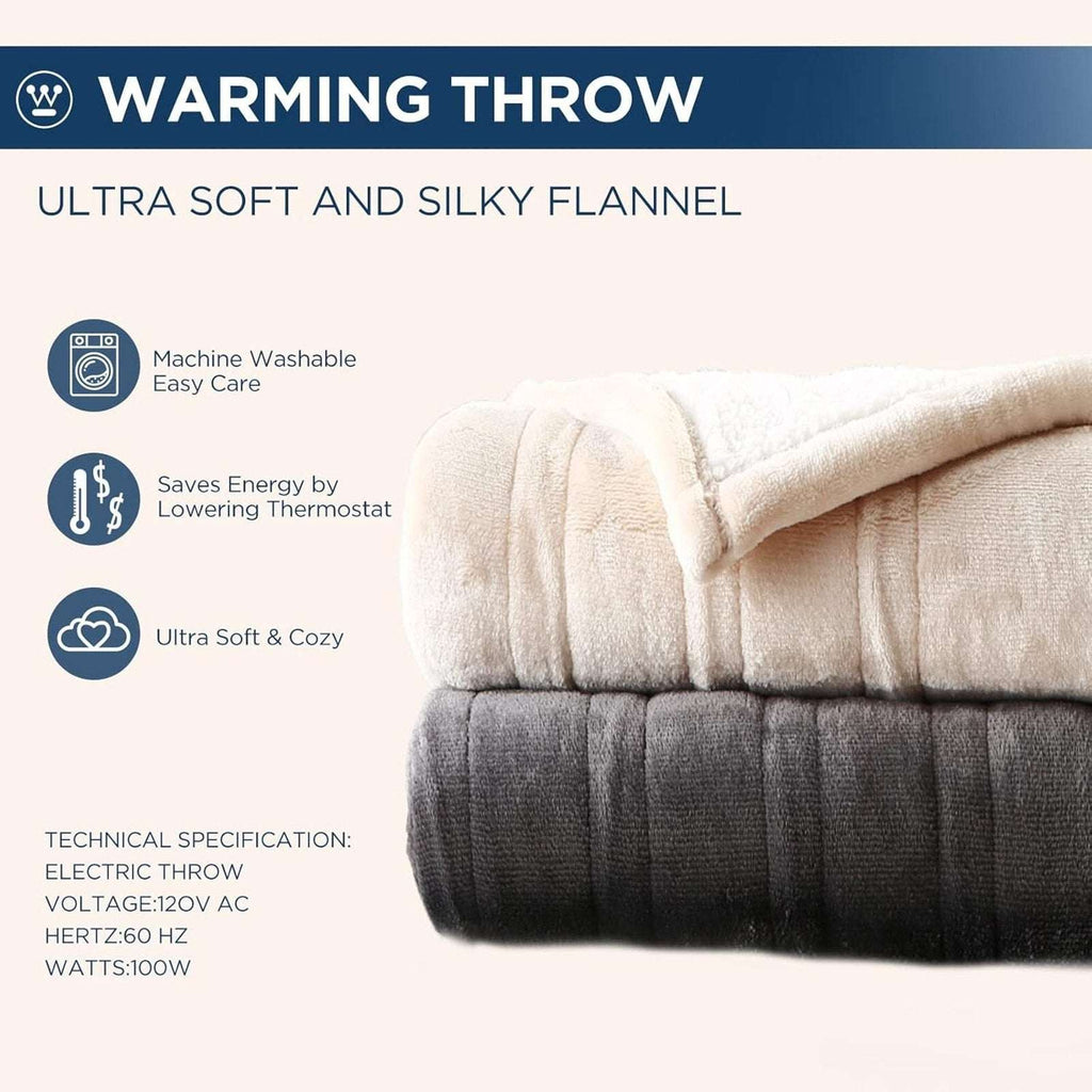 Westinghouse Electric Heating Blanket Silky Flannel & Sherpa Twin Size Charcoal