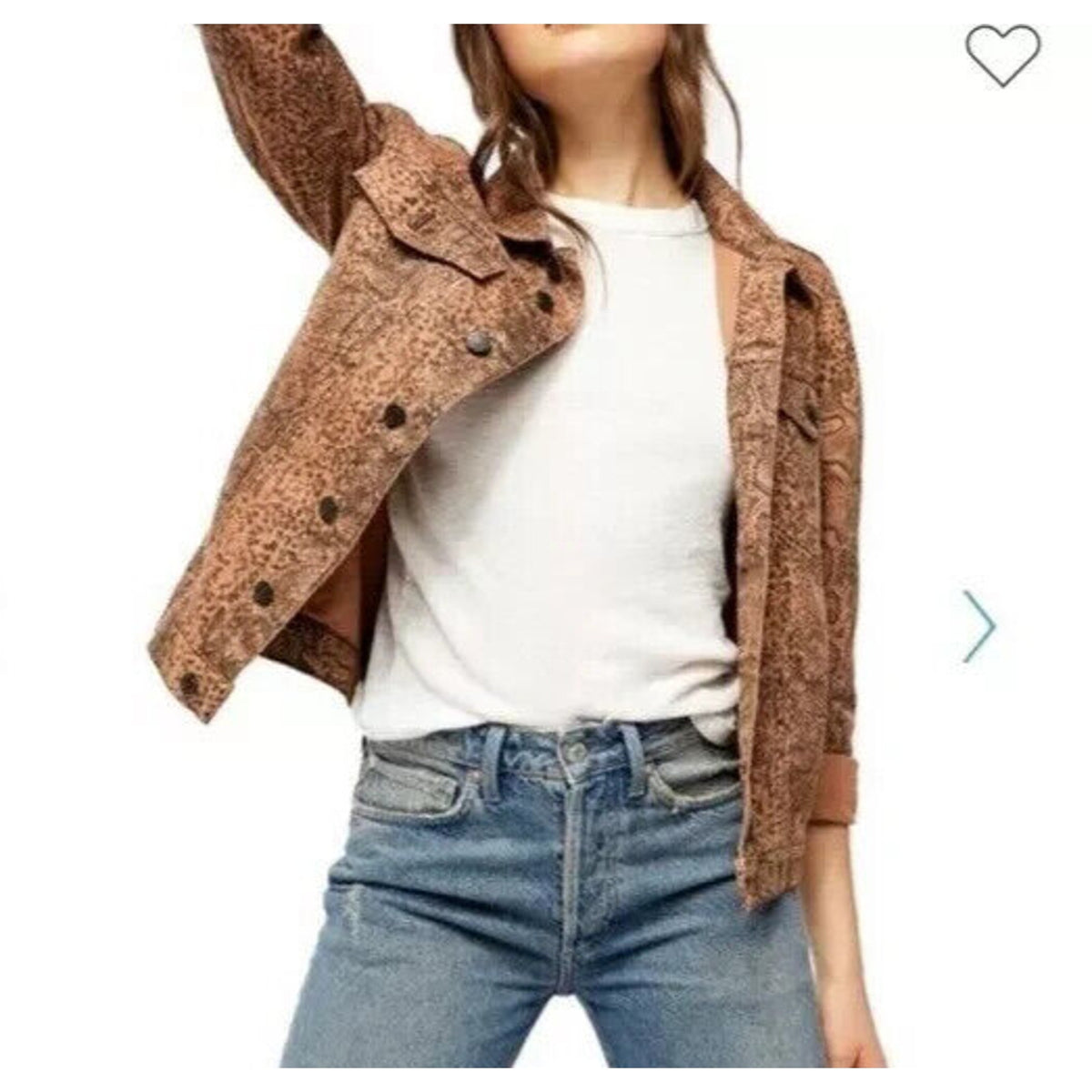 Free People Trucker Brown Snake Print Denim Jacket Size M Medium