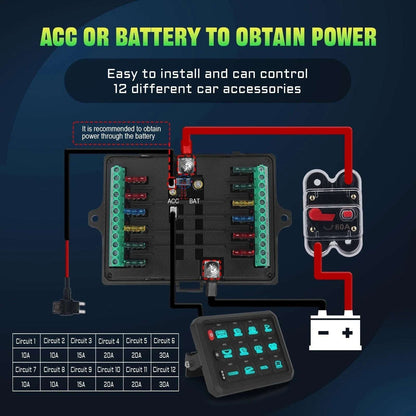Universal 12 Gang Car Truck Boat RGB Switch Panel LED Circuit Control Kit 12/24V
