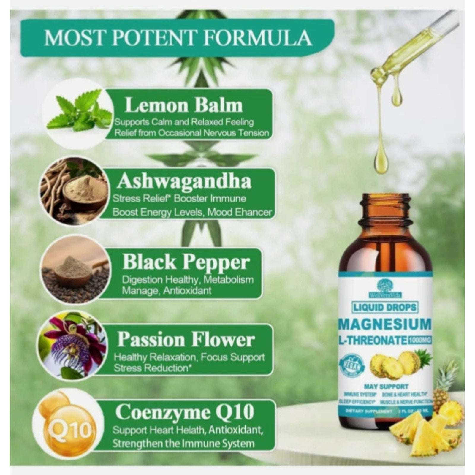 Magnesium L-Threonate 1000mg Liquid Drops Non-GMO, Mood & Relaxation 2floz 04/27
