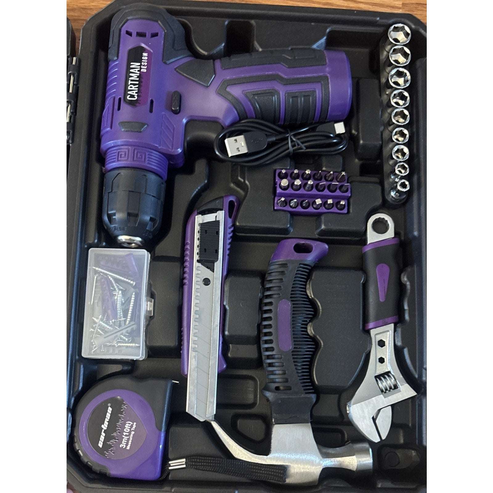 CARTMAN 150 Piece Tool Set, Home Tool Kit w/ 8V Purple Cordless Drill Set & Case