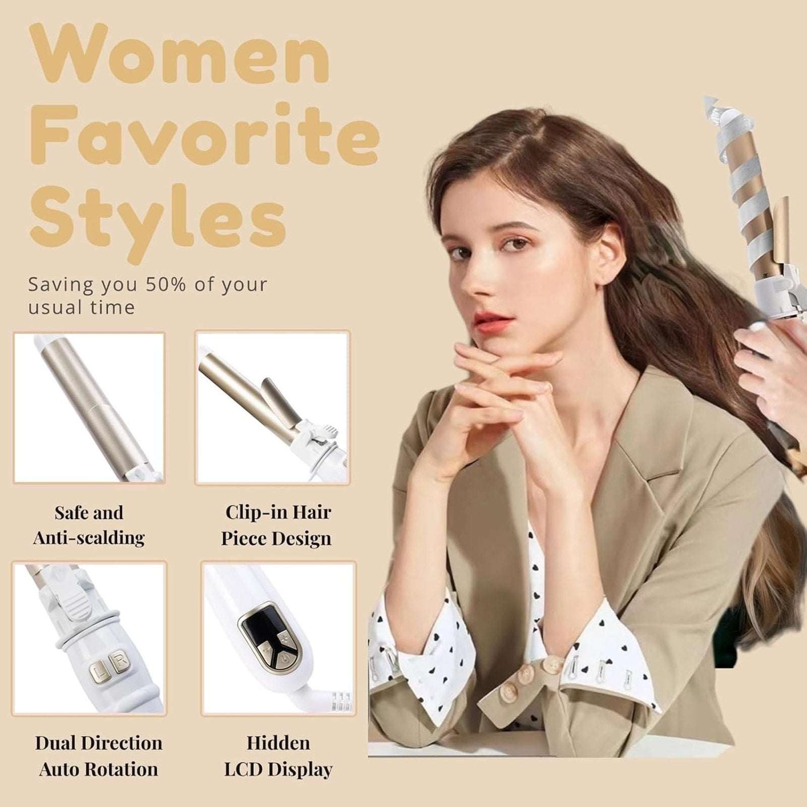 Automatic Rotating Curling Iron 28mm/1.1 Inch Professional Wand Waver White/Gold