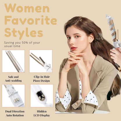 Automatic Rotating Curling Iron 28mm/1.1 Inch Professional Wand Waver White/Gold