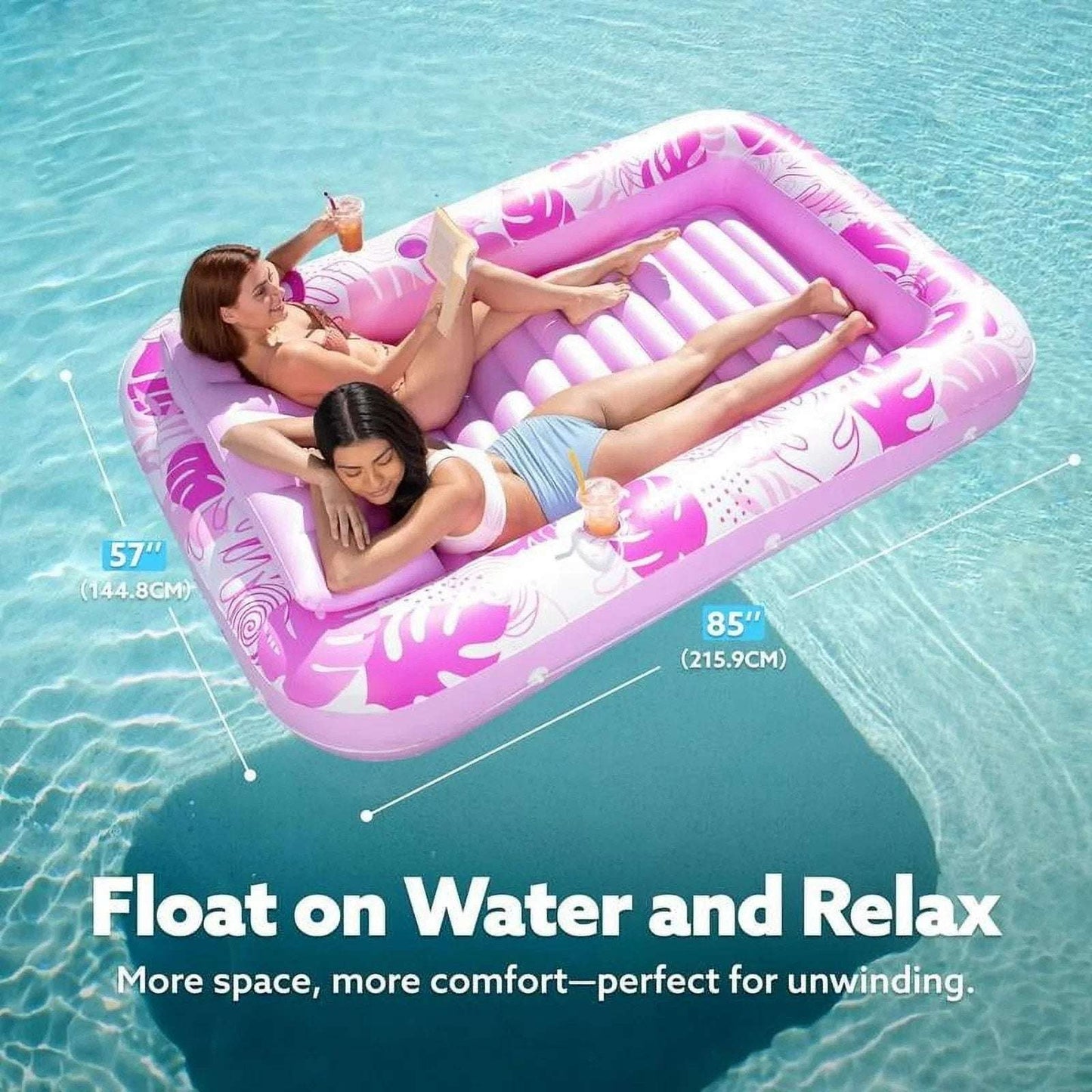 XL Inflatable Tanning Pool Lounger Float 85"X 57" 2 Adults 2 Cup Holders Pillow
