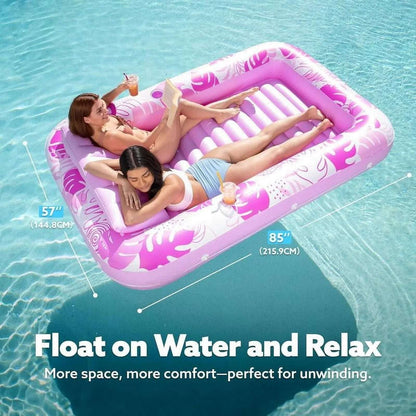 XL Inflatable Tanning Pool Lounger Float 85"X 57" 2 Adults 2 Cup Holders Pillow