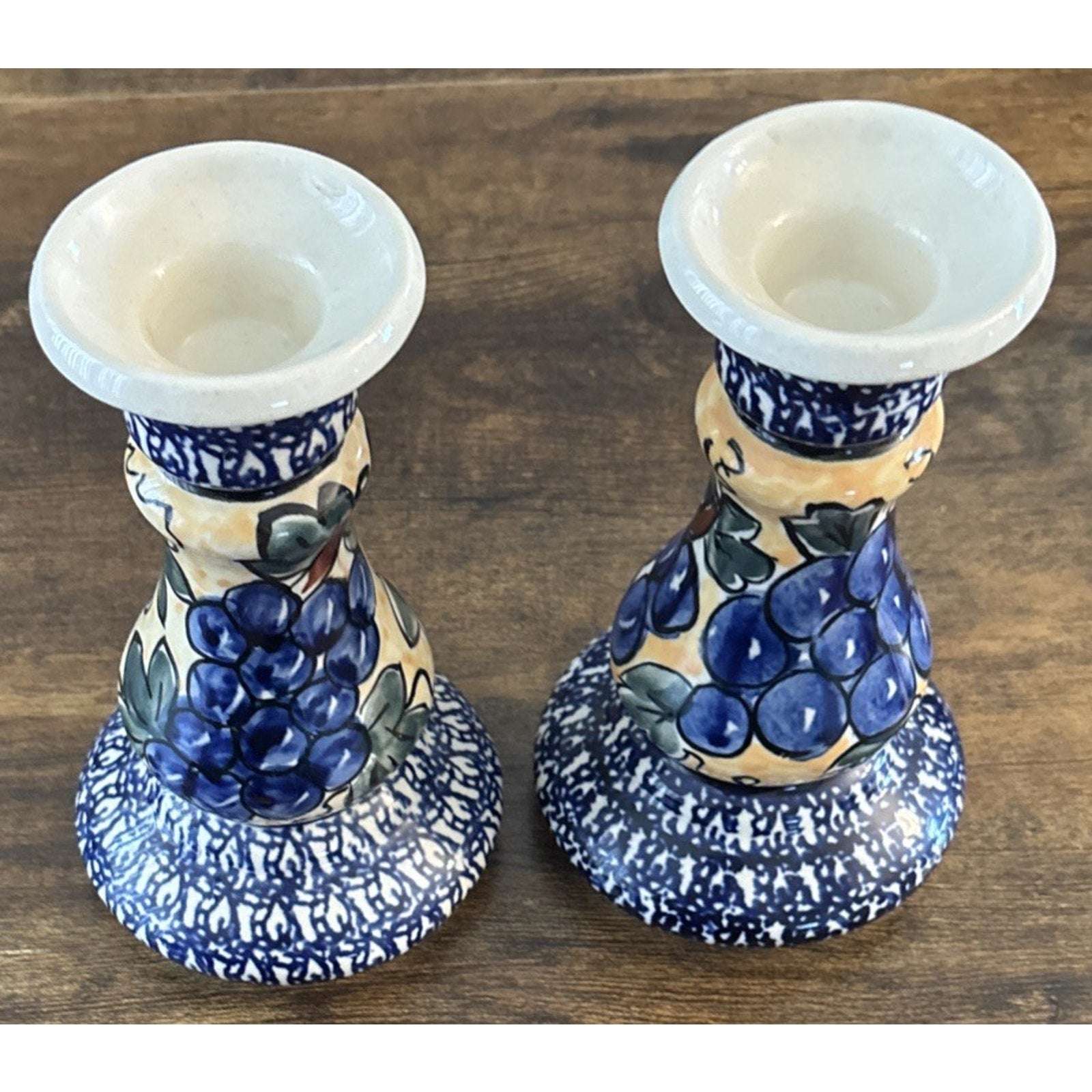 Blue Rose Polish Pottery Boleslawiec 7" Candlestick Pair Blue White Grapes