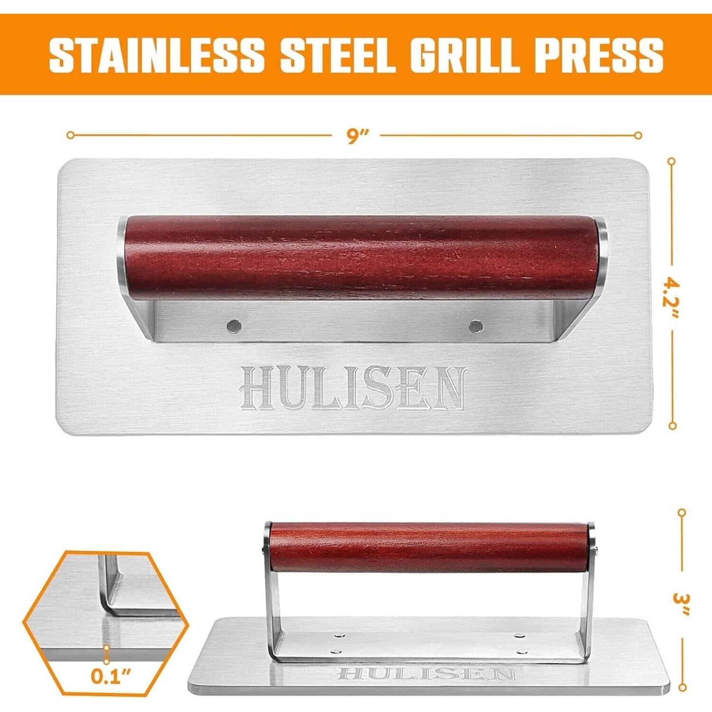 HULISEN Stainless Steel Bacon Press 9" Heavy Duty Burger Press w Wooden Handle