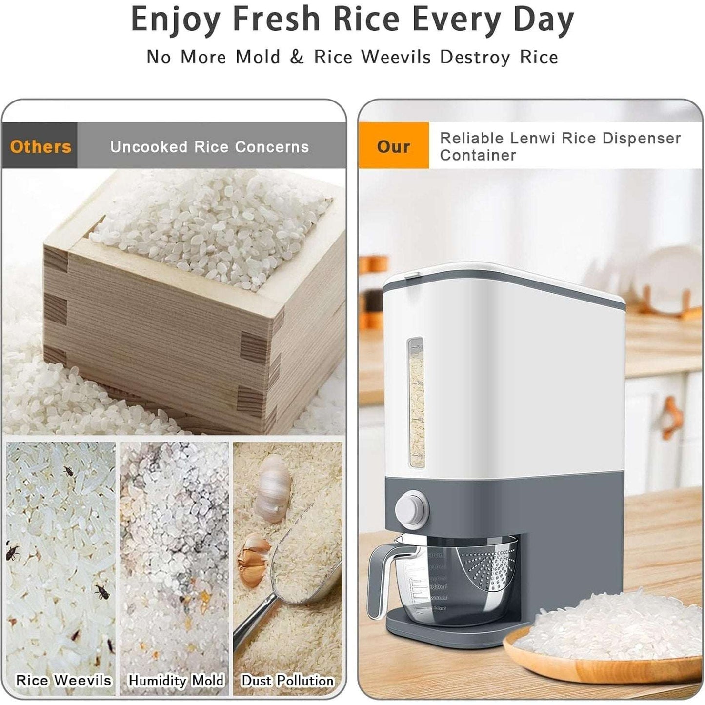 25lbs Rice Dispenser w/ Measuring Cup & Built-in Fresh Box Moisture/Insect Free
