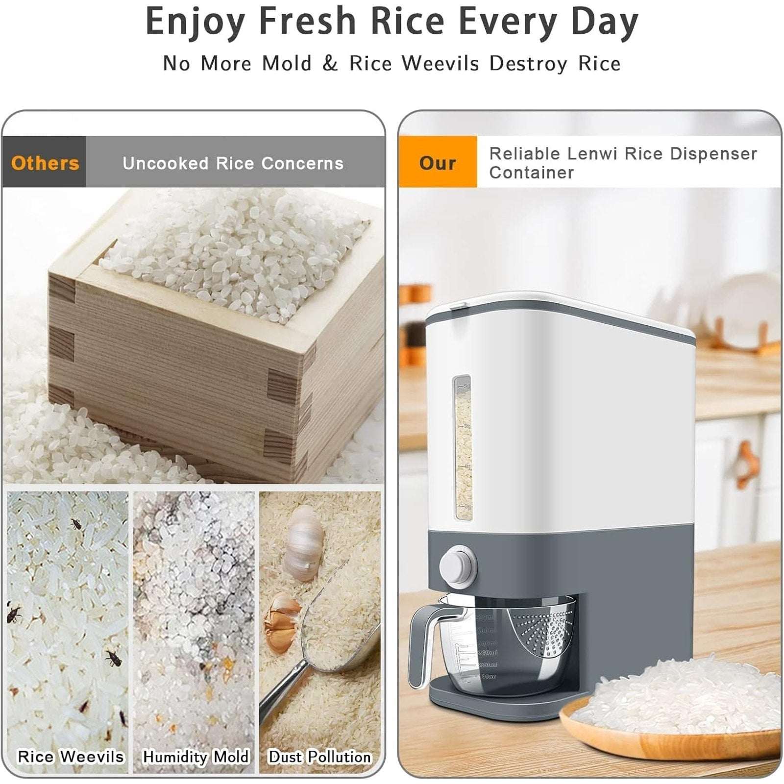 25lbs Rice Dispenser w/ Measuring Cup & Built-in Fresh Box Moisture/Insect Free