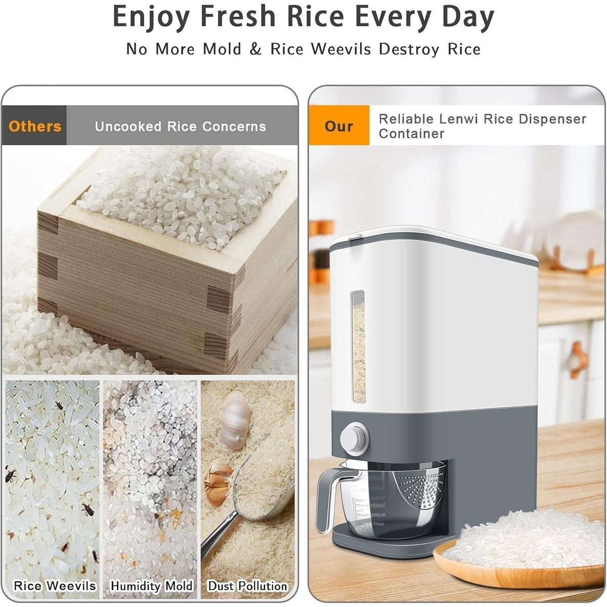 25lbs Rice Dispenser w/ Measuring Cup & Built-in Fresh Box Moisture/Insect Free