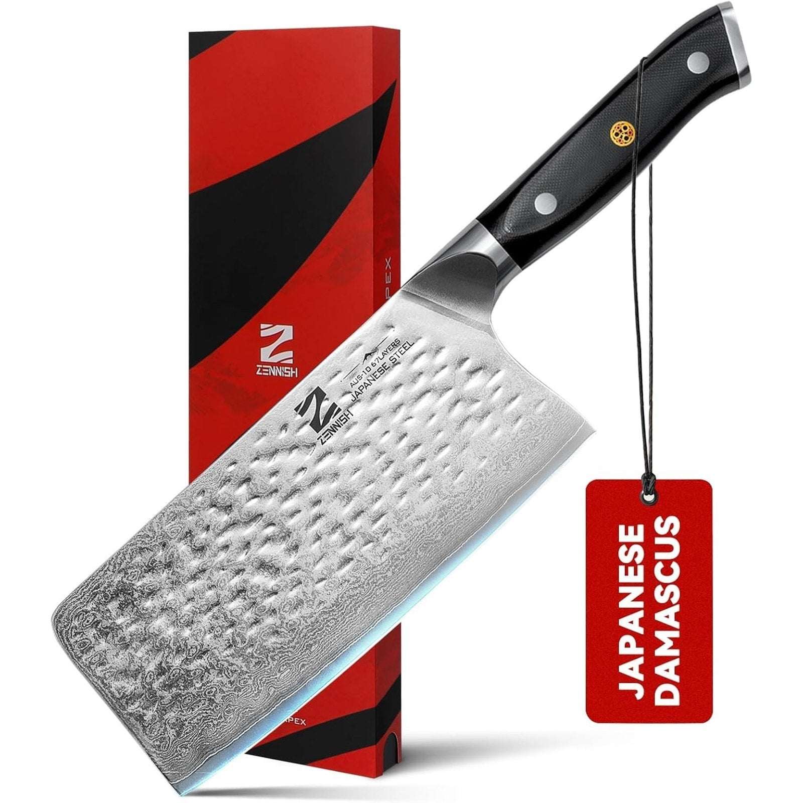 KENNISH Cleaver Knife 7" Meat Cleaver - Japanese AUS-10 Damascus Steel 60HRC