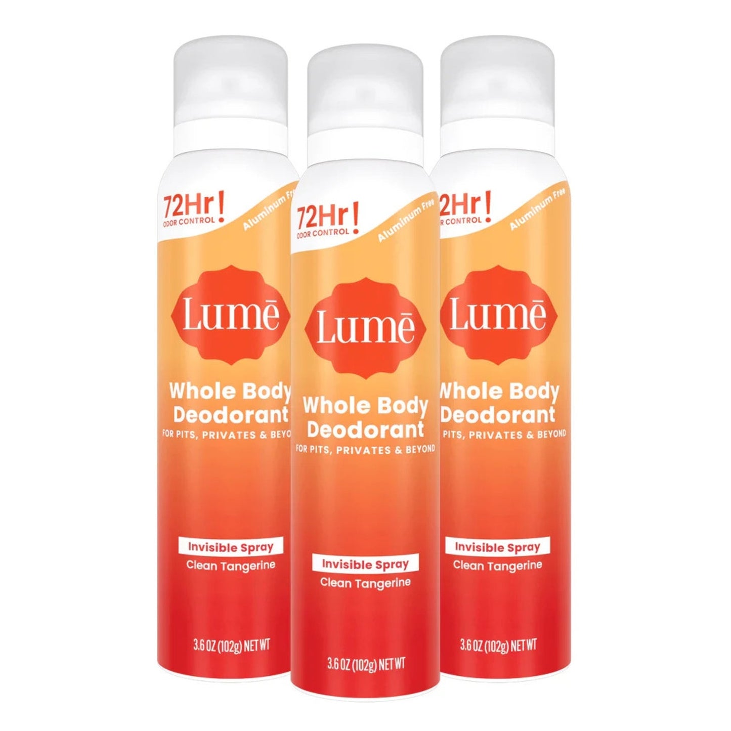 3 Pack Lume Whole Body Invisible Deodorant Spray 72-Hour Clean Tangerine 3.6oz