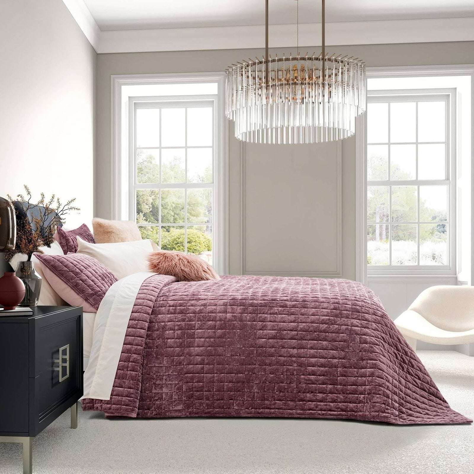 RECYCO Luxury Velvet Quilt Set Full Queen Size Bedding Ultra Soft in Dusty Mauve