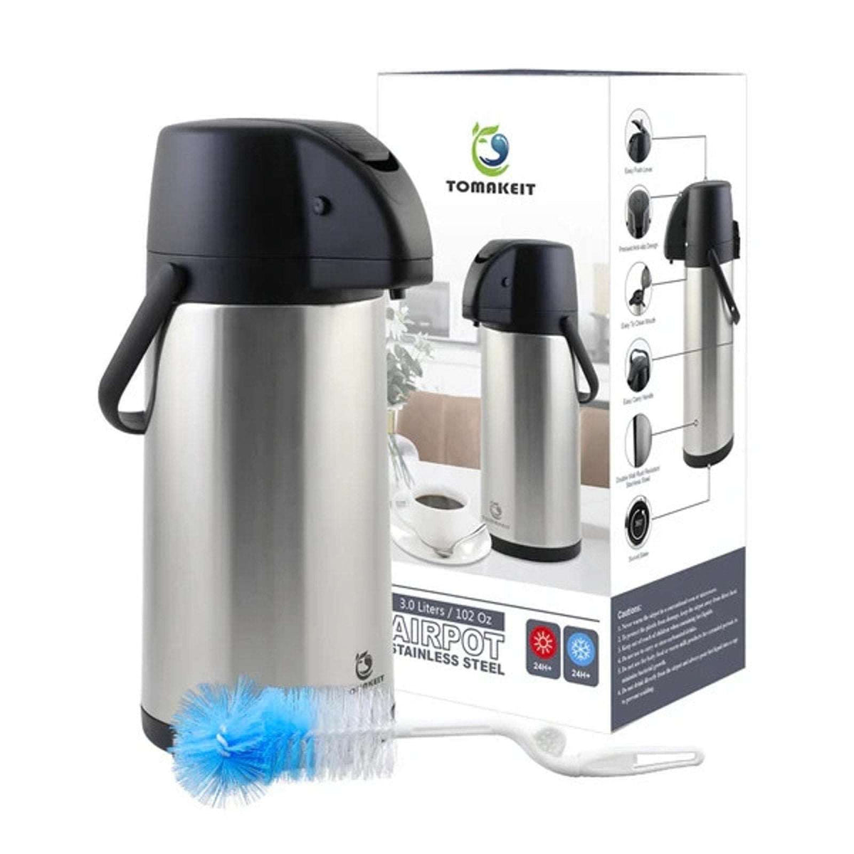 3L (102 Oz) Airpot Beverage Dispenser Insulated Coffee Carafe w/ Swivel Base
