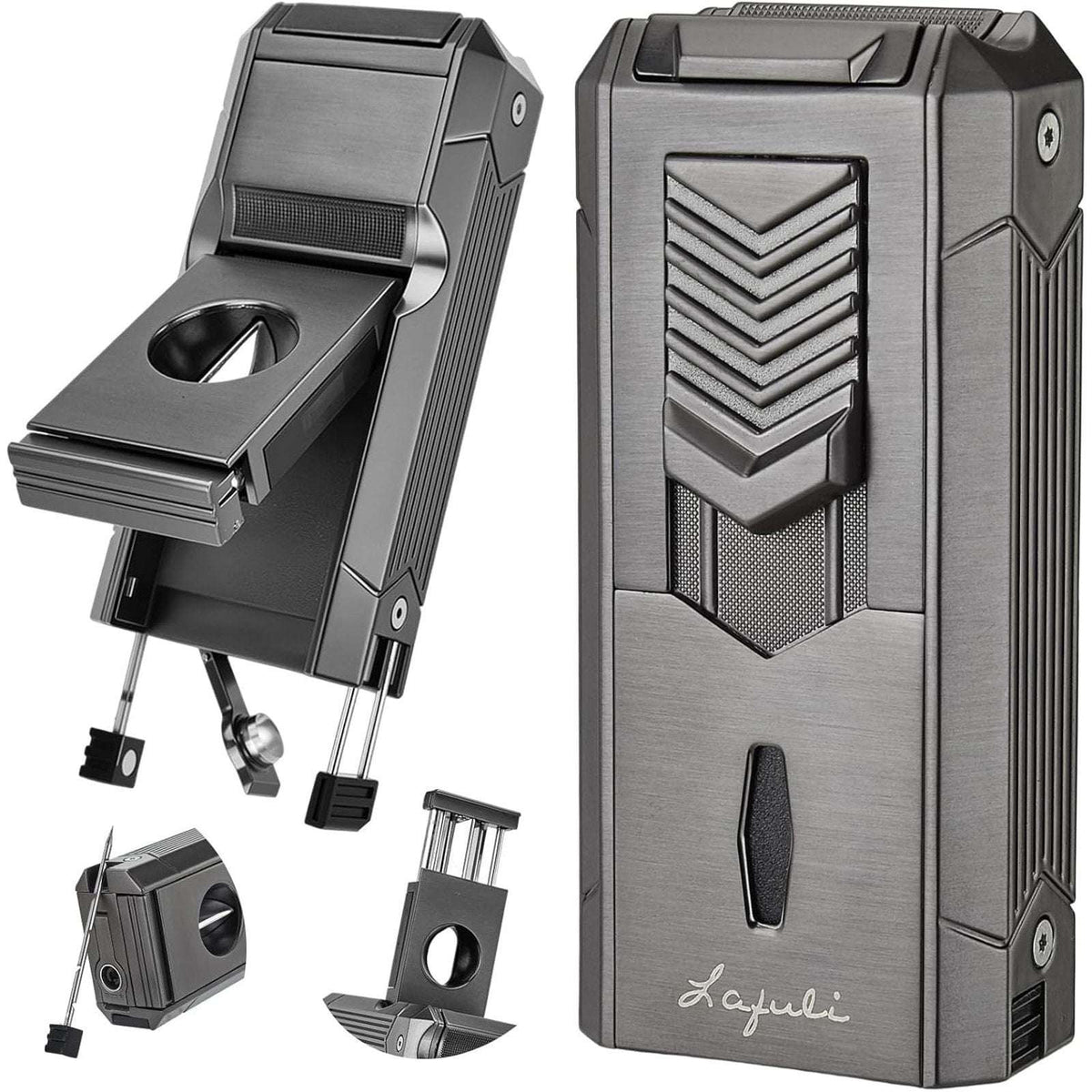 All in 1 Cigar Torch Lighter V-Cutter, Punch, Holder, Draw Enhancer, Twin Nubber