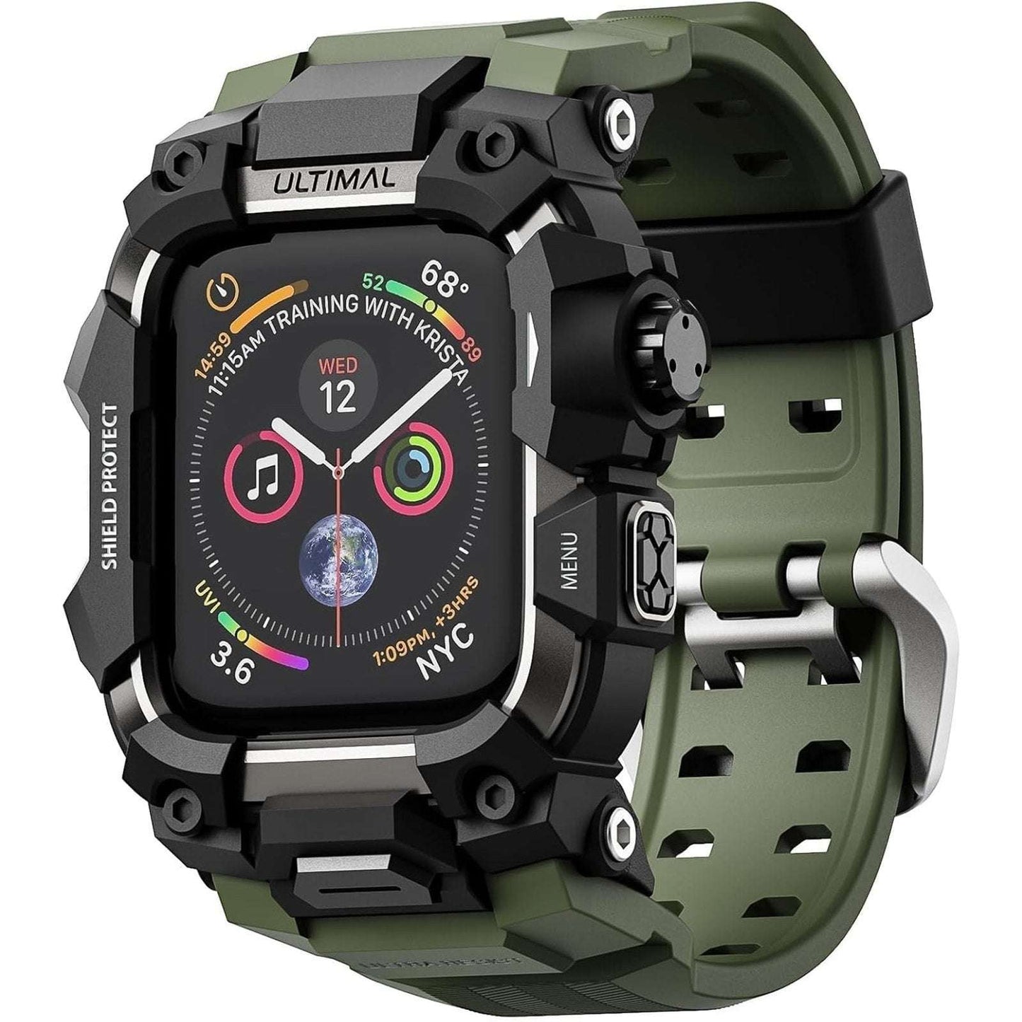 ULTIMAL Rugged Shockproof Case +Band for Apple Watch 45mm Series 9/8/7 ArmyGreen