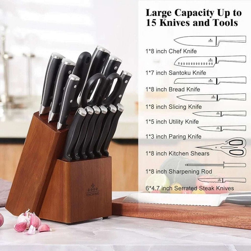 ENOKING Acacia Wood 15-Slot Universal Knife Block Knife Holder