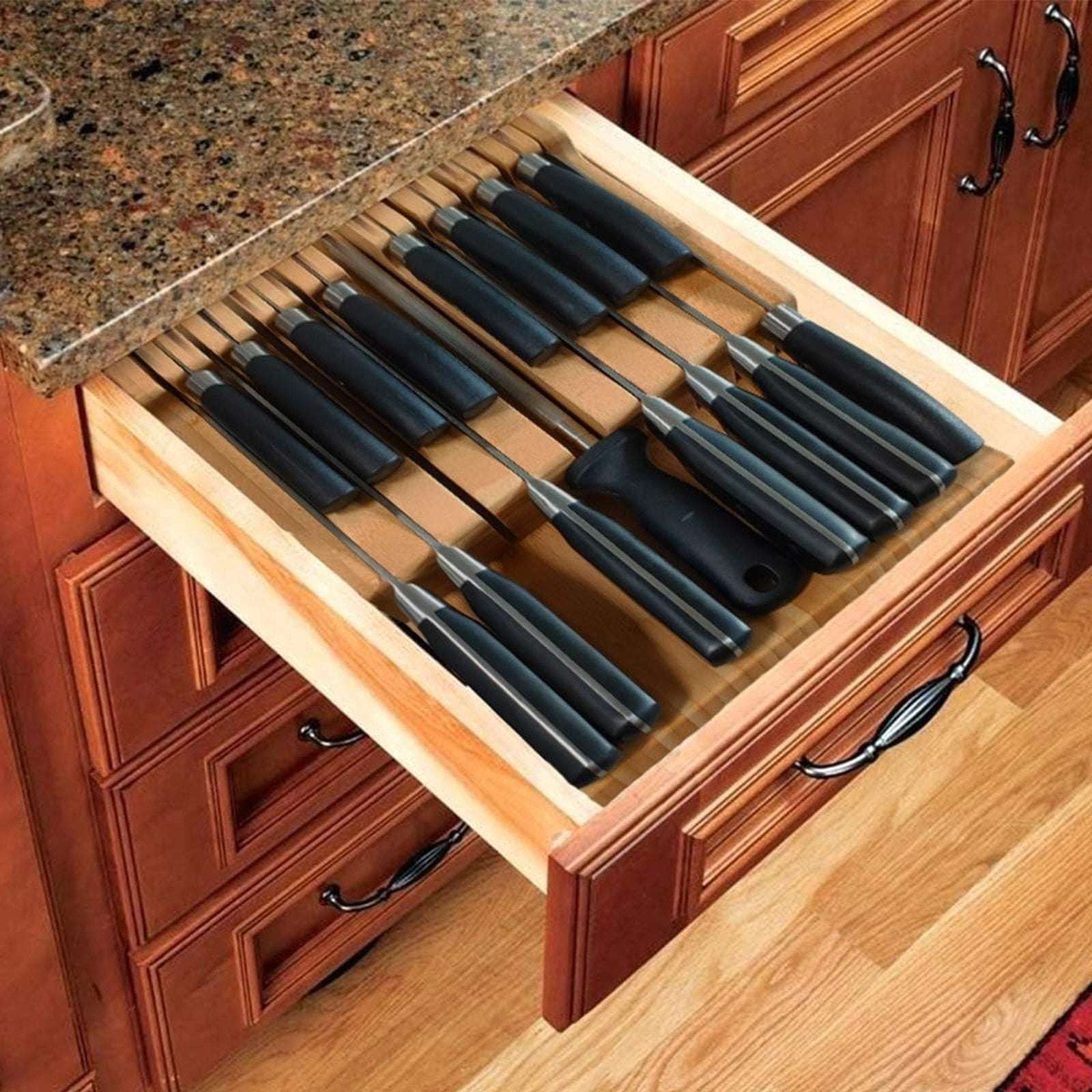 Bamboo In Drawer Knife Block for 16 Knives Large Tray Cutlery Organizer Washable