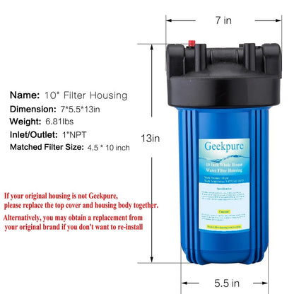 Geekpure 10 Inch Whole House Water Filter Housing 1"NPT Fit 4.5" x 10" Filters