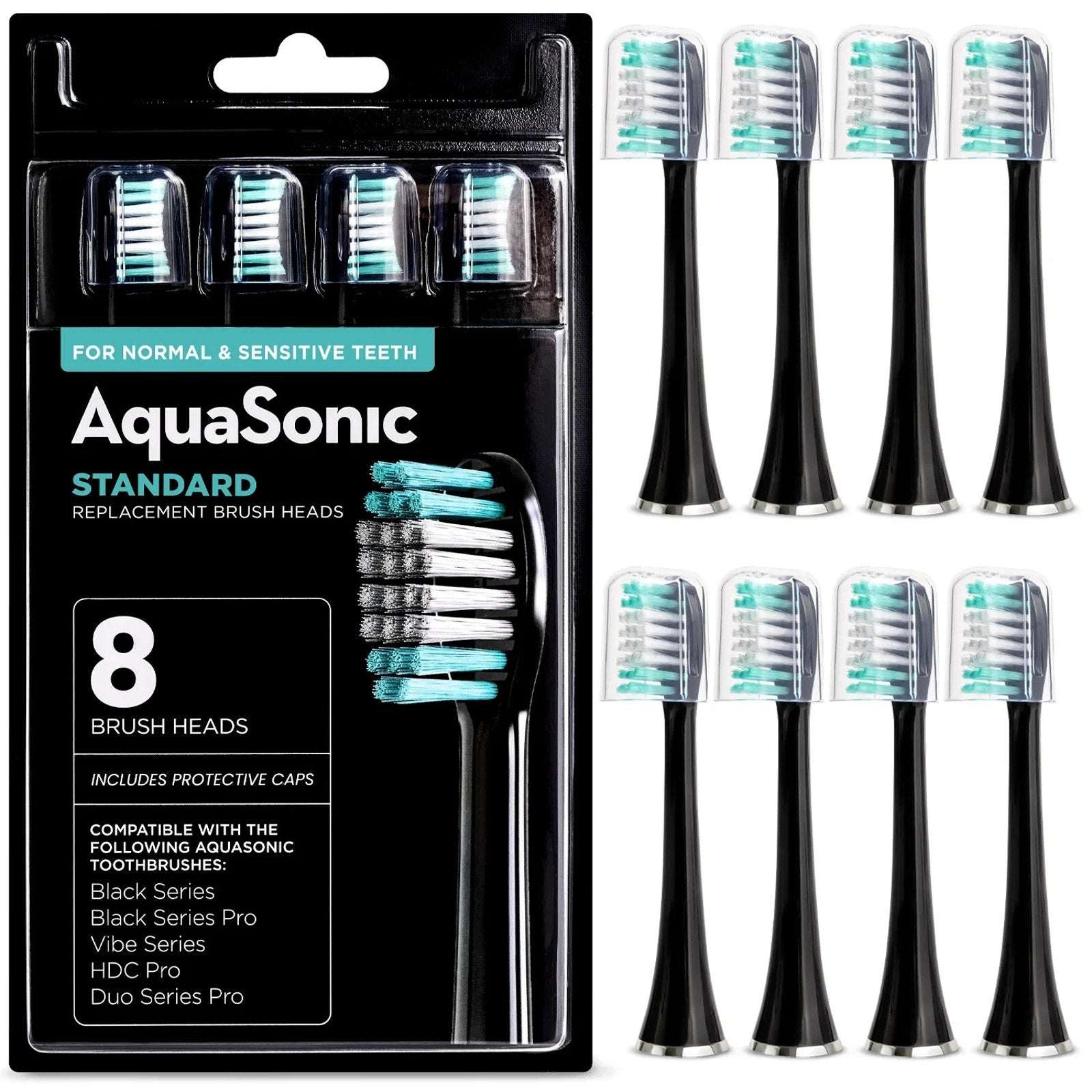 AquaSonic Replacement Brush Heads Normal & Sensitive Teeth 8 Pack Black Series+