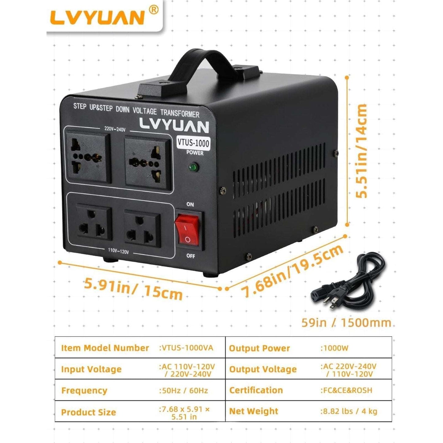 Voltage Transformer Converter 1000 Watt Step Up/Down 110V-120V ↔ 220V-240V 4 Out