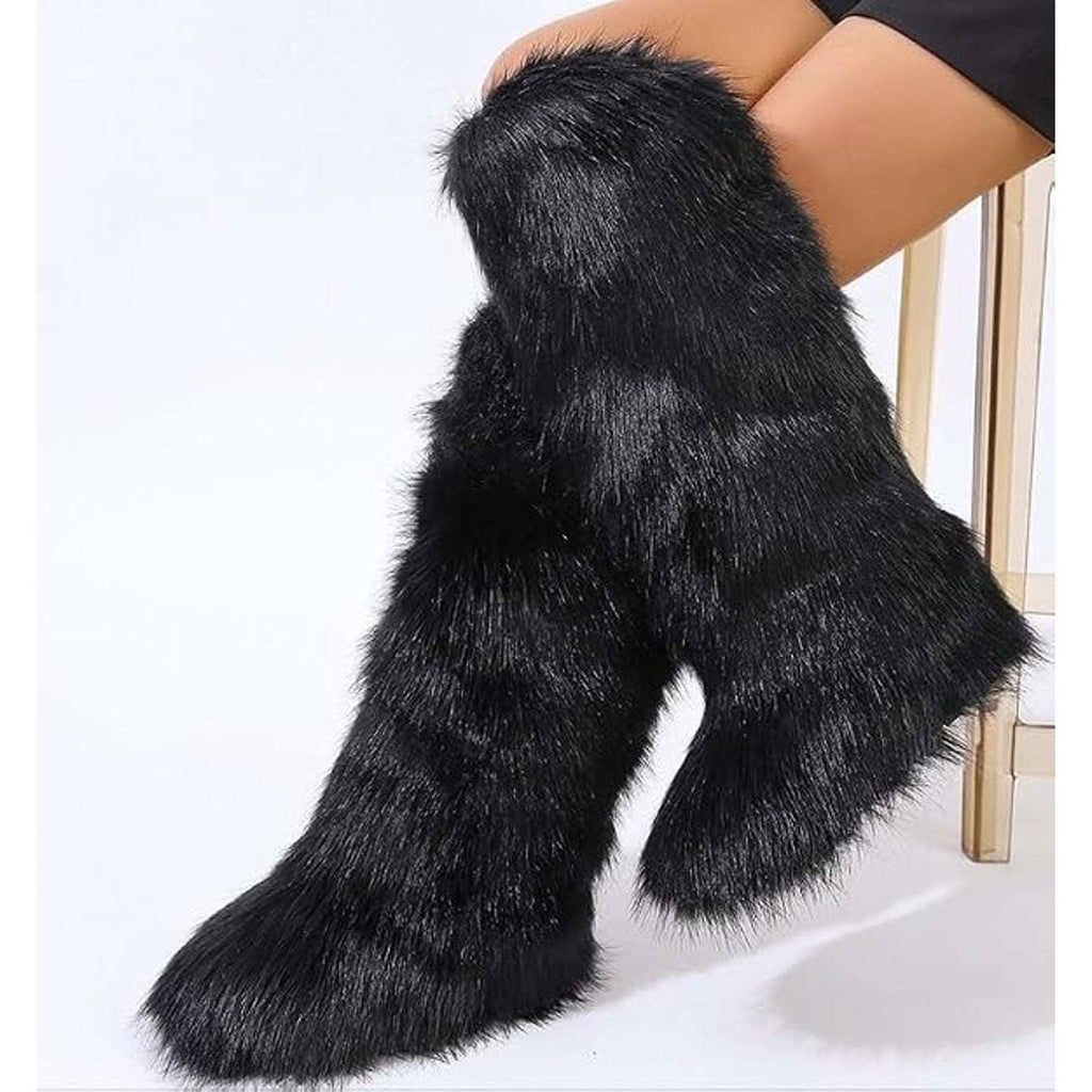 Y2K Rave Shaggy Mongolian Faux Fur Knee High Black Furry Moon Boots Sz 12 Womens
