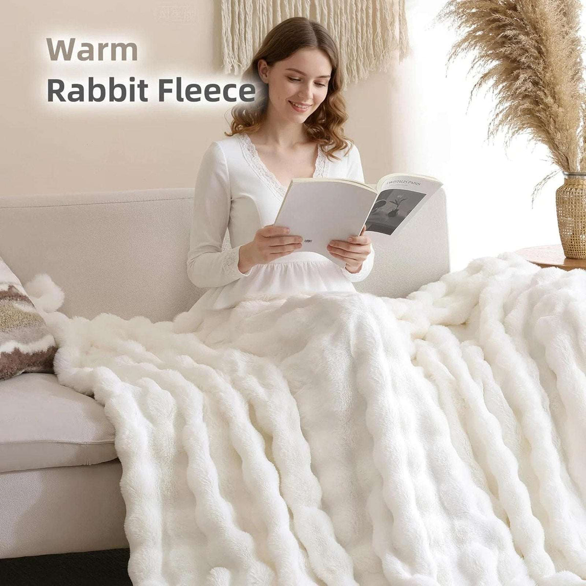 Faux Fur Throw Blanket – Cream White Fluffy Cozy Rabbit Fleece, Plush 50" x 60"