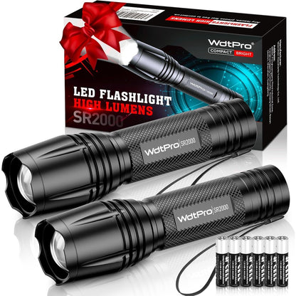 LED Tactical Flashlight 2 Pack, Waterproof, High Lumens, 5 Modes, Zoomable, SOS