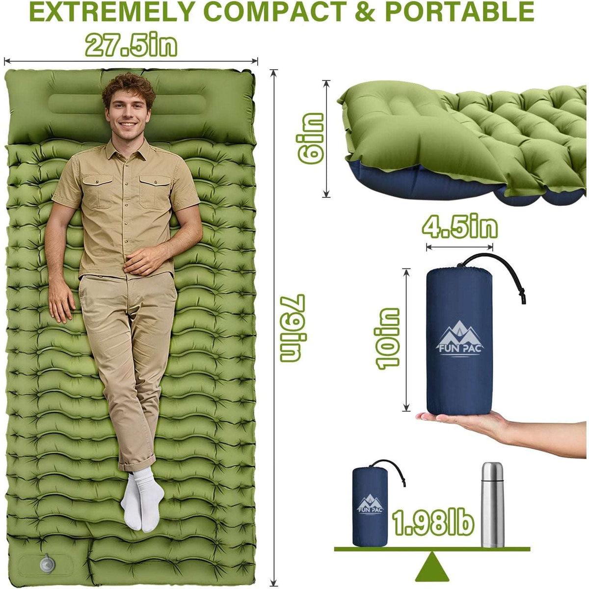 Camping Waterproof Sleeping Pad 6" Thick Pillow w/ Built-In Pump - Expandable