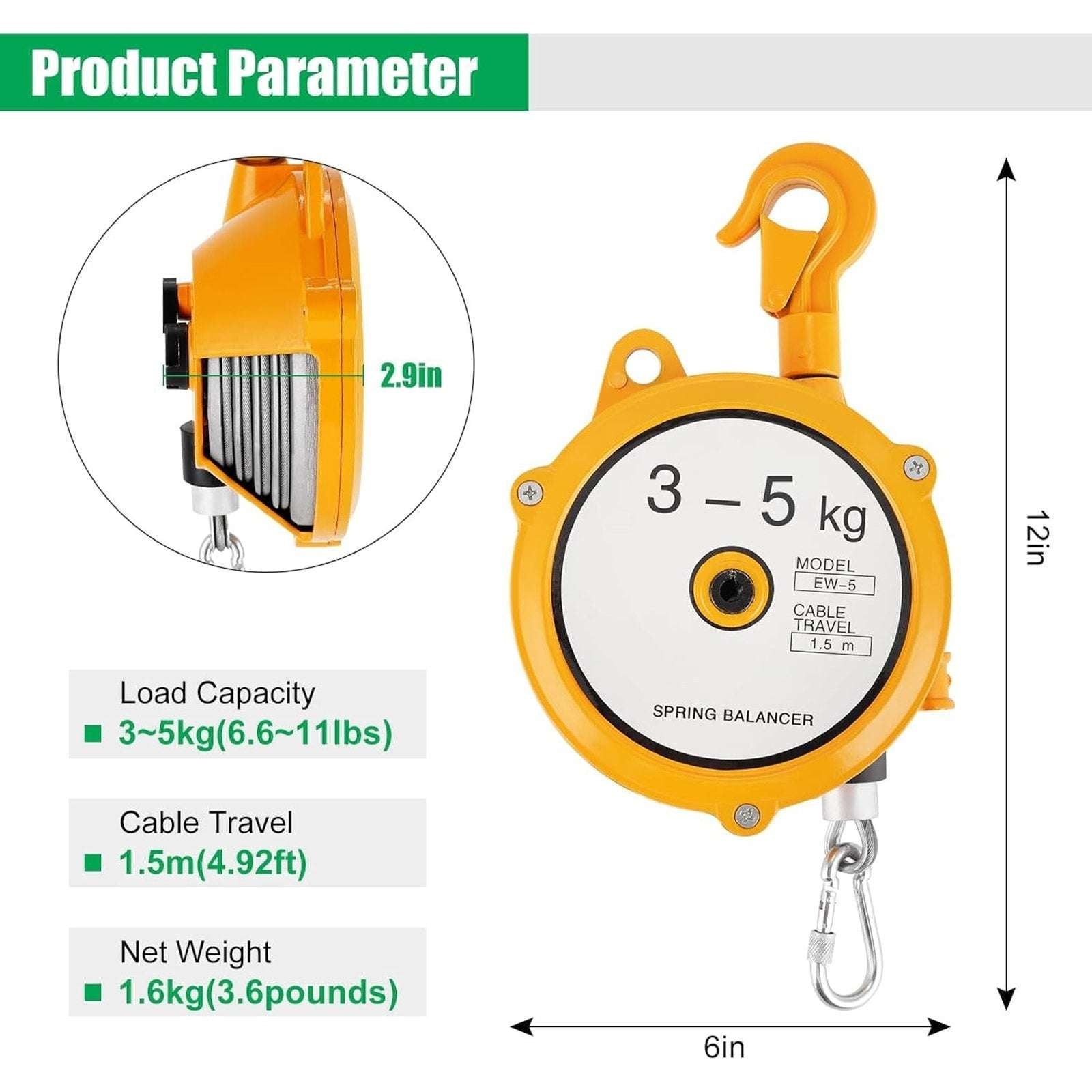 EW-5 Retractable Spring Balancer, 3-5KG(6.6-11Lbs) 1.5m Cable Hanging Tool