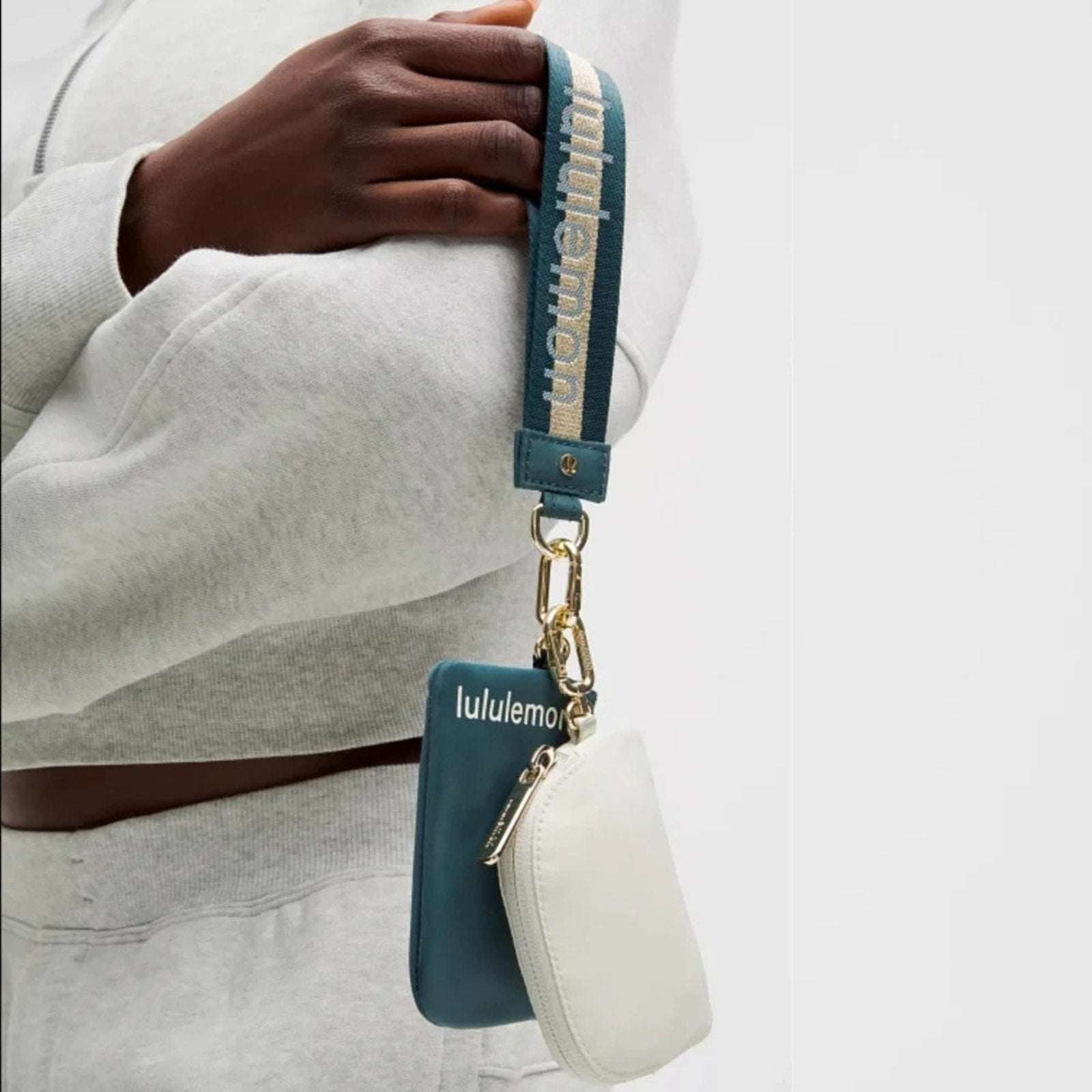 NWT Lululemon Dual Pouch Wristlet Wallet Keychain Wordmark Warp Teal, Gold, Bone