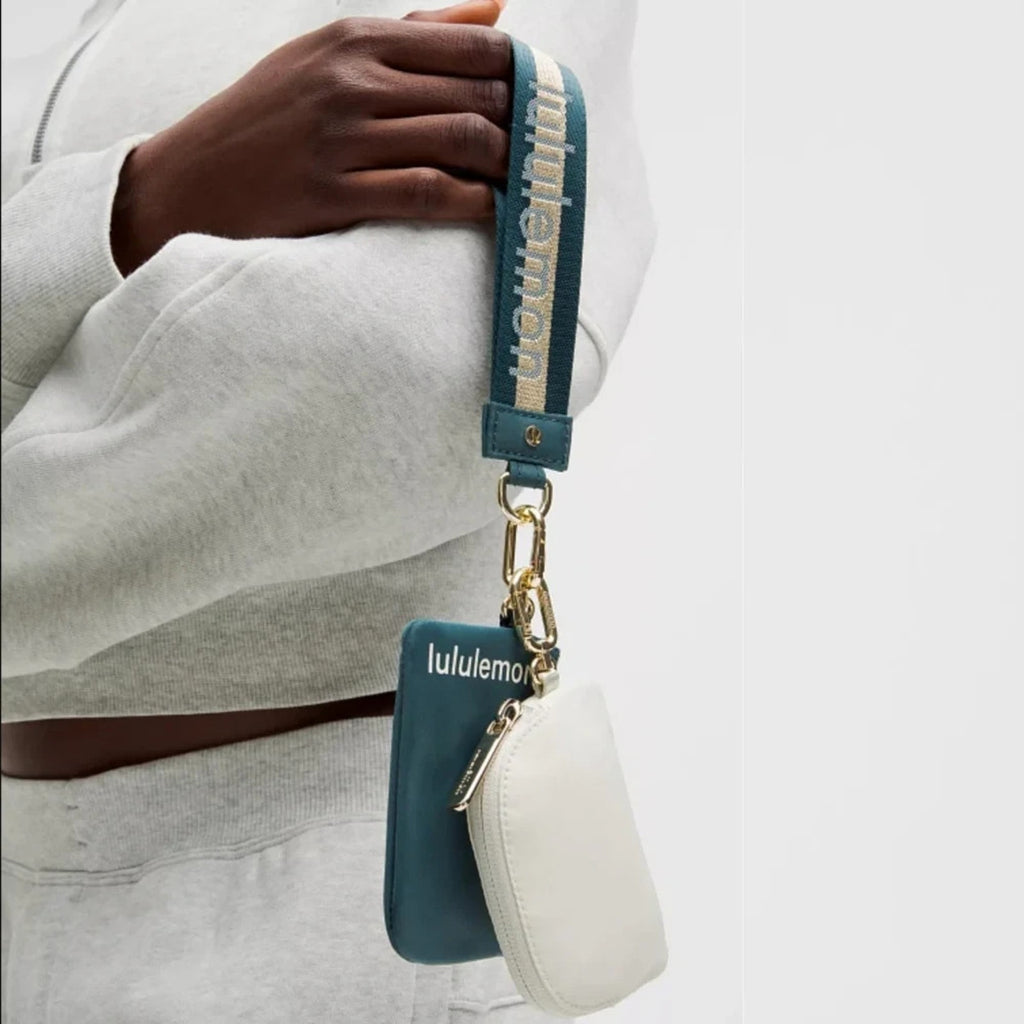 NWT Lululemon Dual Pouch Wristlet Wallet Keychain Wordmark Warp Teal, Gold, Bone