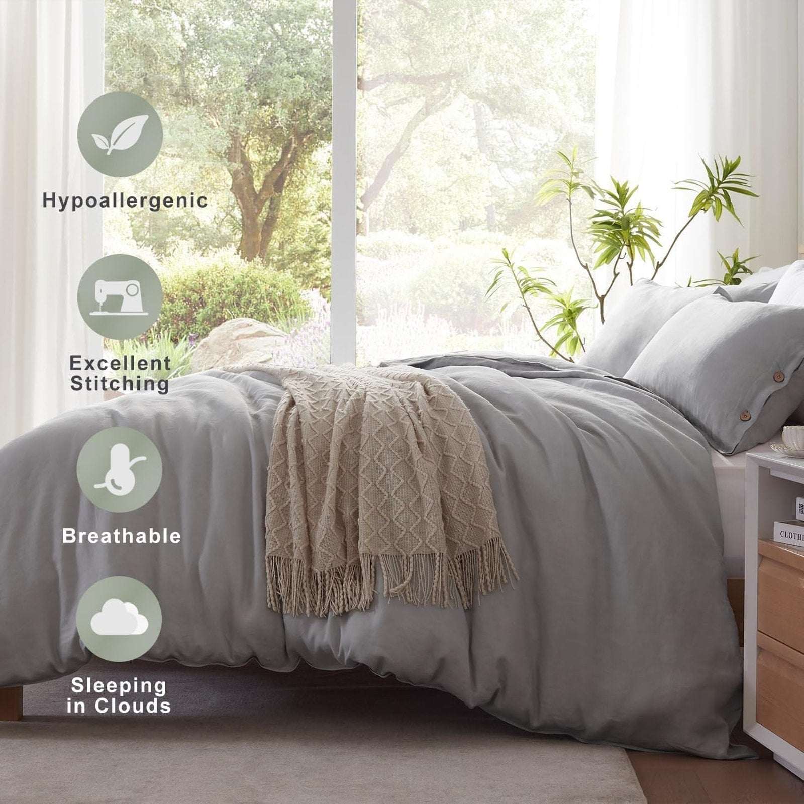 UMCHORD 100% French Linen Duvet Cover Set Soft Breathable 3PC Full Size Gray