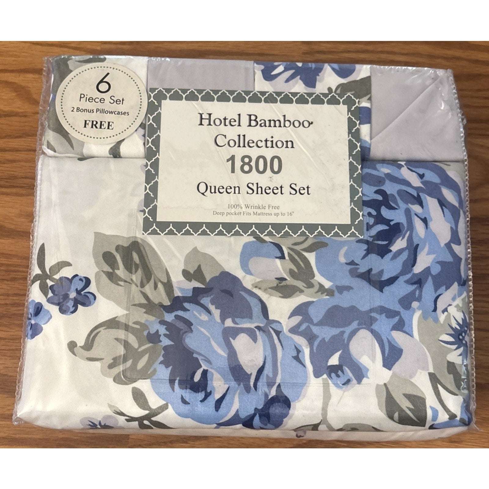 Hotel Bamboo Collection 1800 6-Piece Queen Sheet Set Deep Pocket Blue Floral