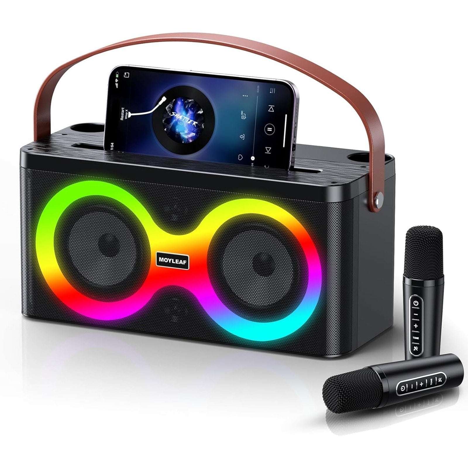 Karaoke Machine, Portable Bluetooth Speaker, PA System w/ 2 Wireless Microphones
