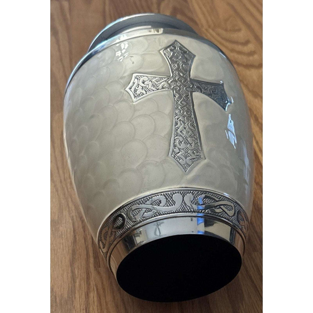 Olivia Memorials God's Love White Urn for Ashes Hand Engraved Cross Large 8x10