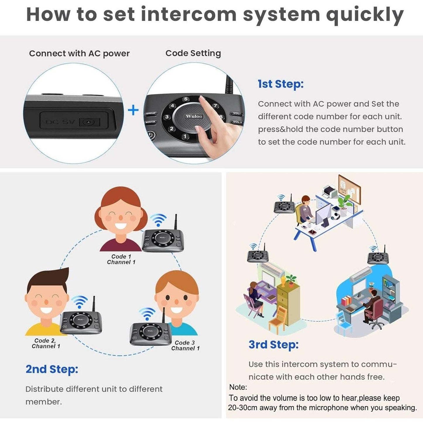 Wuloo S600-P2 Full Duplex Two Way Audio Wireless Intercom System 5280ft Range