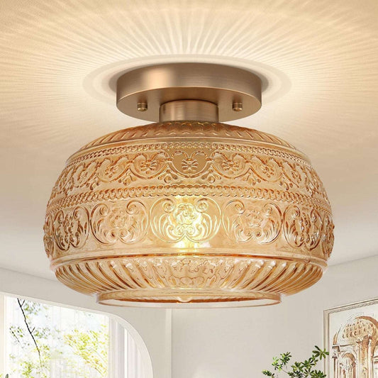 Semi Flush Mount Ceiling Light Fixture, Upgraded Amber Glass Drum with Gold